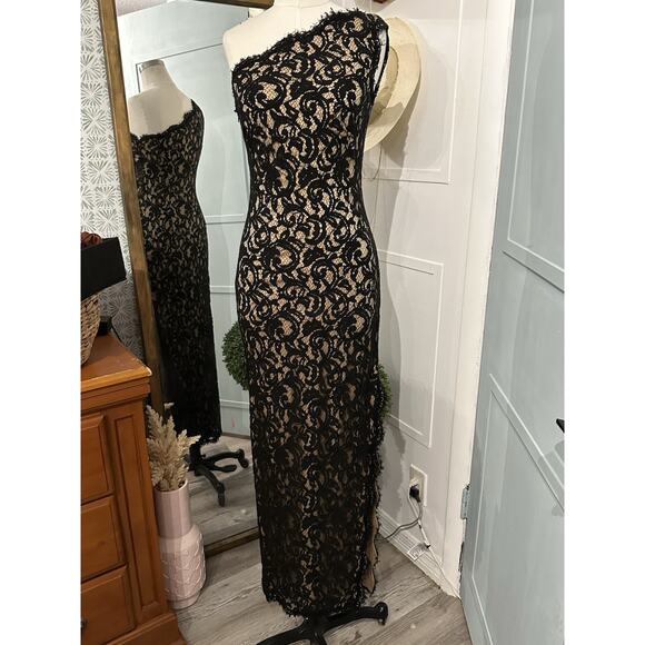 Tadashi Shoji Dress Black Lace Bodycon One Shoulder Size 4 Evening Gown - Picture 4 of 12